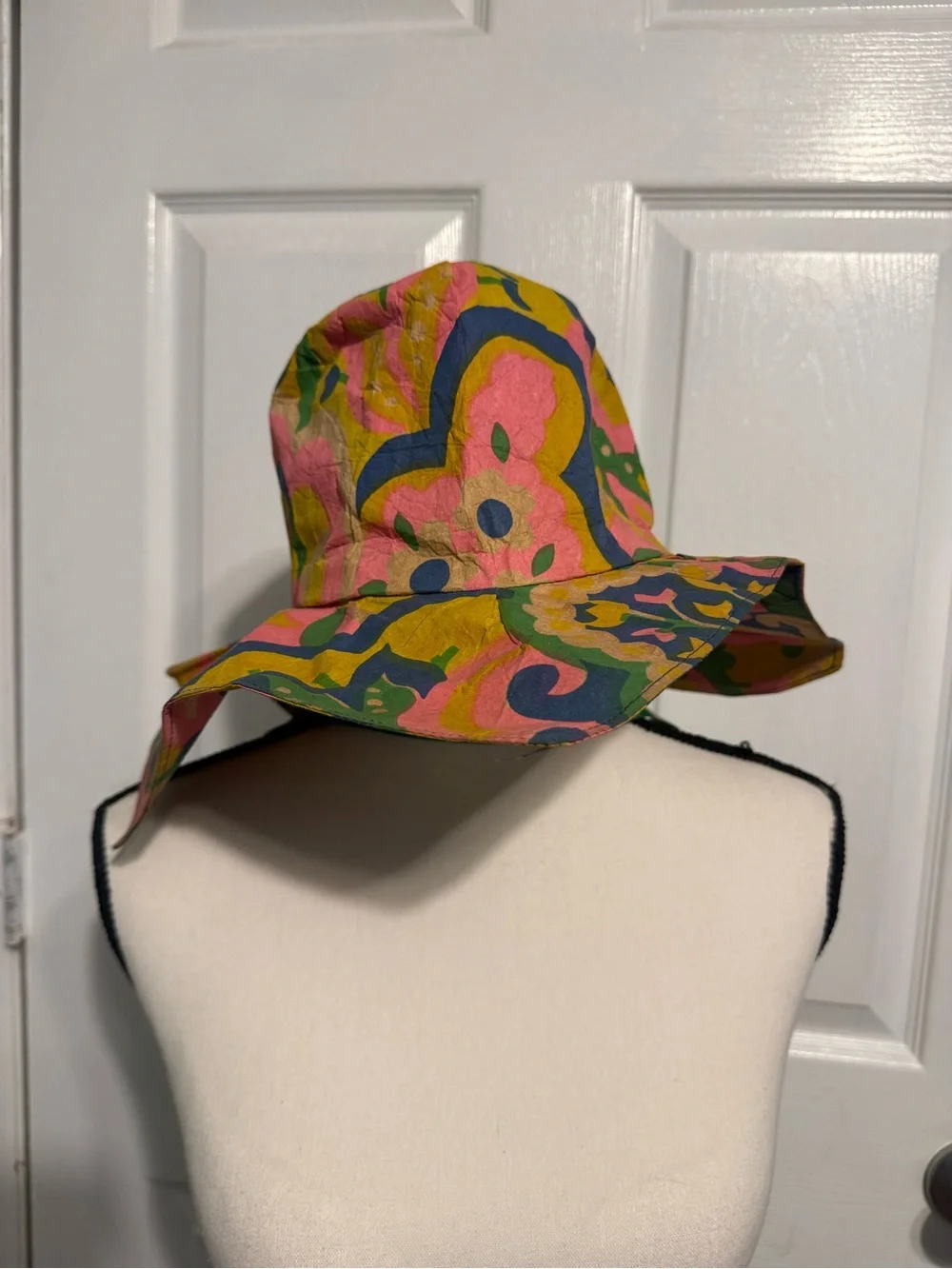 Vintage 70s Colorful Patterned Sun Hat - Pink, Yellow & Green